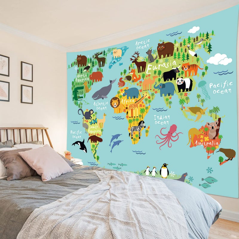 LB World Map Tapestry Wall Hanging Various Cartoon Animals Tapestrise World Distribution Map Wall Decor Blanket for Kids Bedroom Living Room Dorm Decor, 60Wx40H inches - Image 3